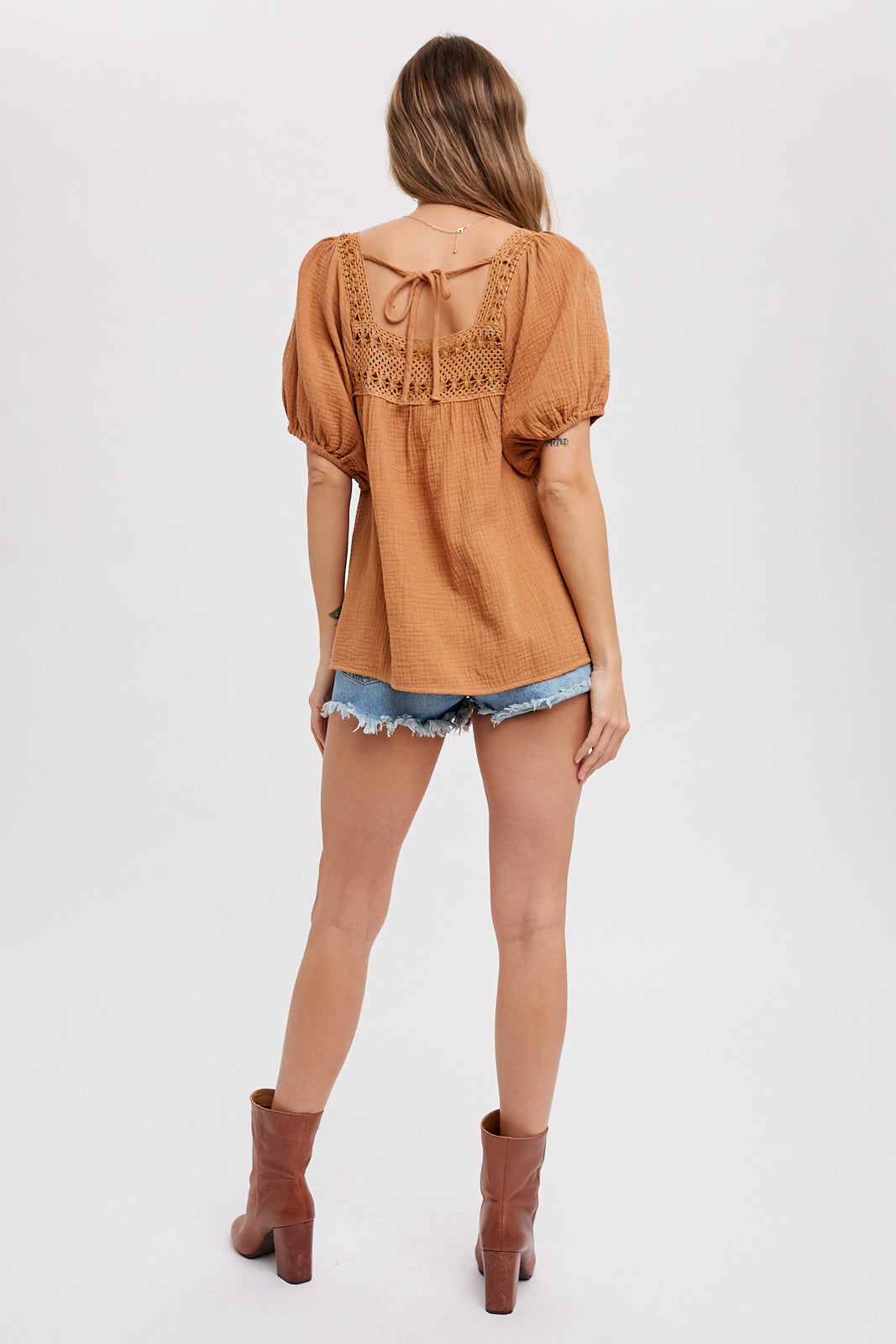 Boho Blouse With Short Puffed Sleeves in Camel