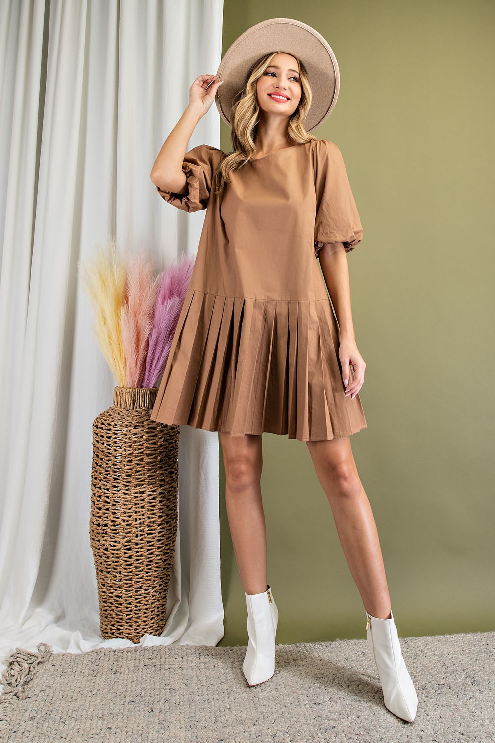 Mini Dress With Pleats - Khaki