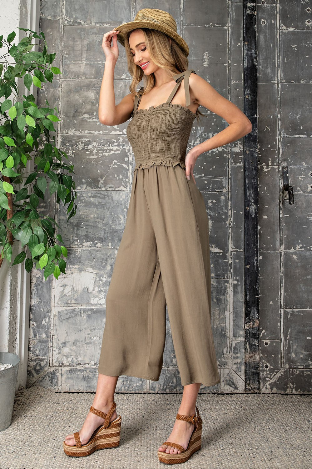 Smocked Babydoll Jumpsuit Olive Shopover Fashion Boutique