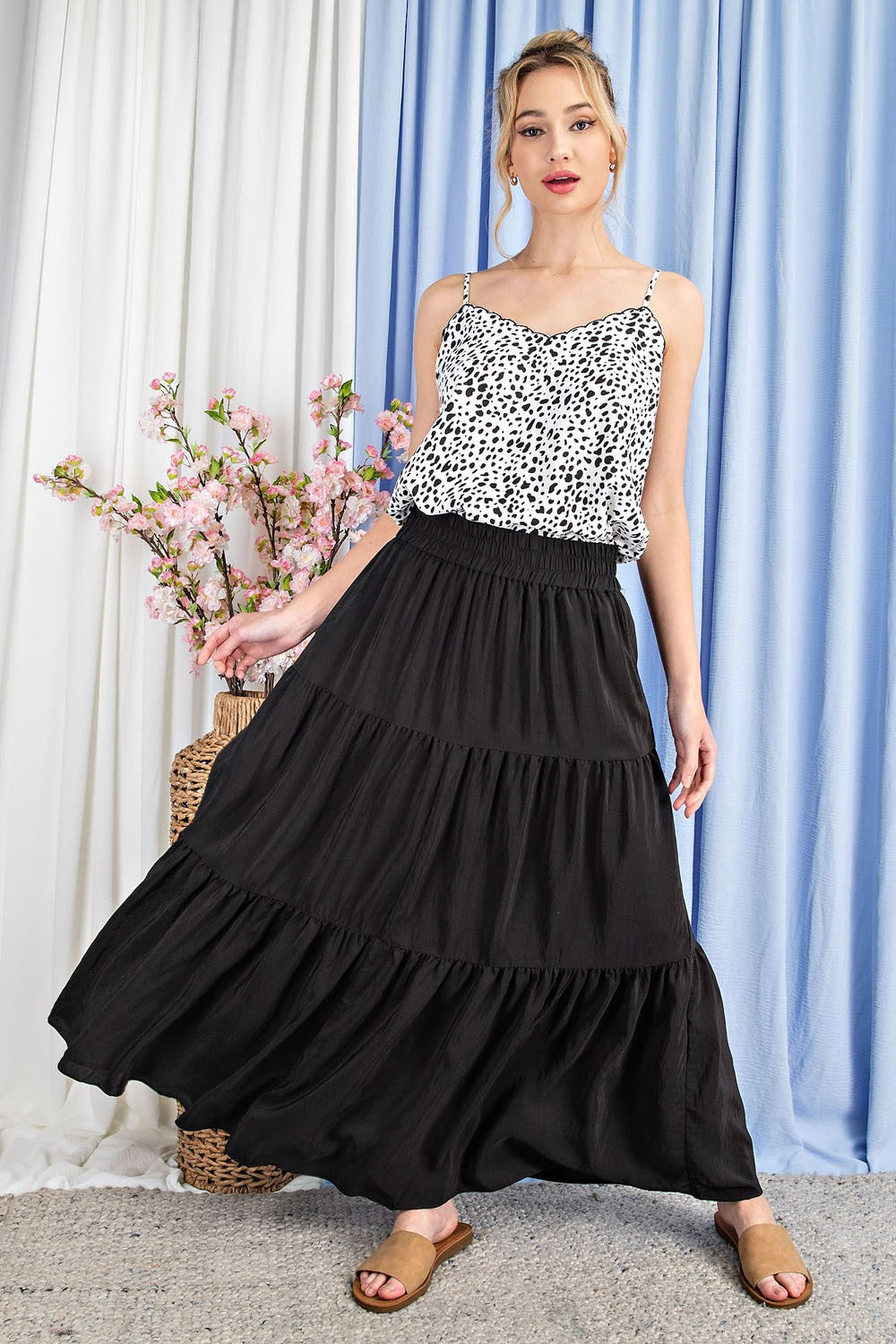 Black Satin Maxi Skirt with Tiers