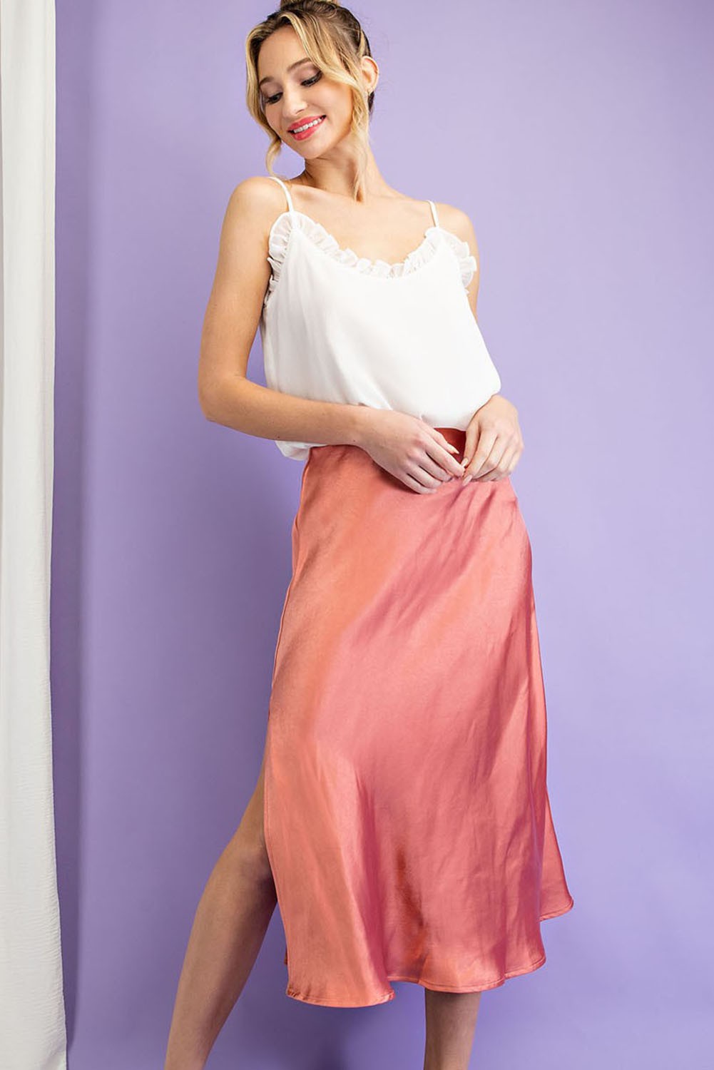 Midi Satin Skirt With Side Slit in Rose Gold